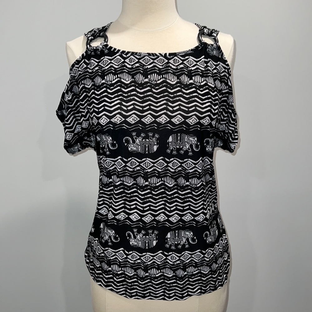 Slinky ethnic print, cold shoulder top, size large